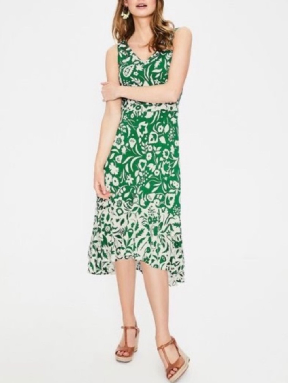 NWT Boden Green White Print Eliza Jersey Stretch Dress US 10R